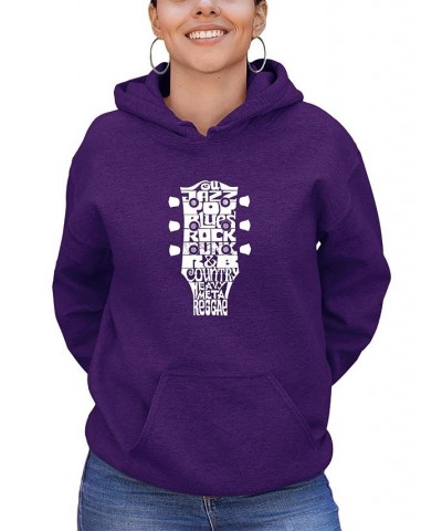 Women's Hooded Word Art Guitar Head Music Genres Sweatshirt Top Purple $25.20 Sweatshirts