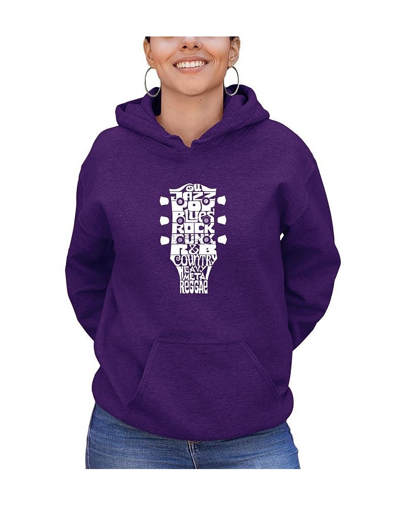 Women's Hooded Word Art Guitar Head Music Genres Sweatshirt Top Purple $25.20 Sweatshirts