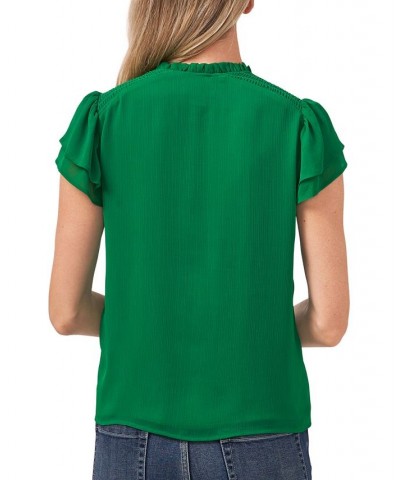 Women's Tie-Neck Flutter-Sleeve Short Sleeve Blouse Lush Green $42.72 Tops