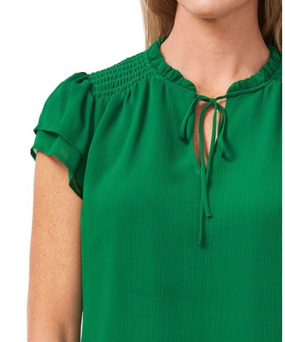 Women's Tie-Neck Flutter-Sleeve Short Sleeve Blouse Lush Green $42.72 Tops