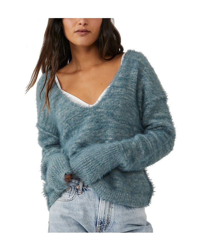 Women's Serendipity Off-The-Shoulder V-Neck Eyelash Sweater Grey Combo $39.90 Sweaters