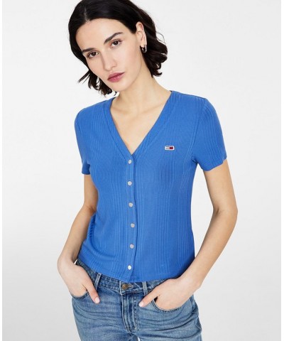 Women's V-Neck Button-Trimmed Ribbed Top Amsterdam Blue $30.55 Tops