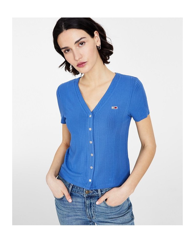 Women's V-Neck Button-Trimmed Ribbed Top Amsterdam Blue $30.55 Tops