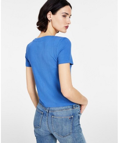 Women's V-Neck Button-Trimmed Ribbed Top Amsterdam Blue $30.55 Tops