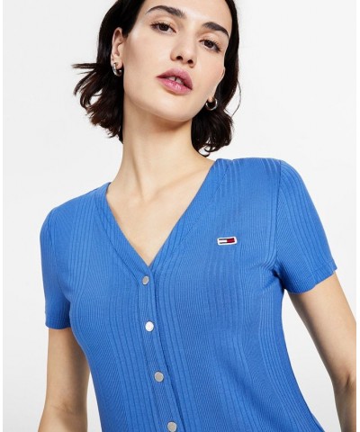 Women's V-Neck Button-Trimmed Ribbed Top Amsterdam Blue $30.55 Tops