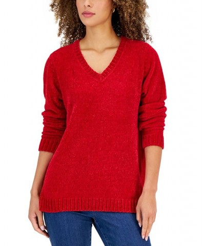 Women's V-Neck Chenille Sweater Haute Red $12.84 Sweaters