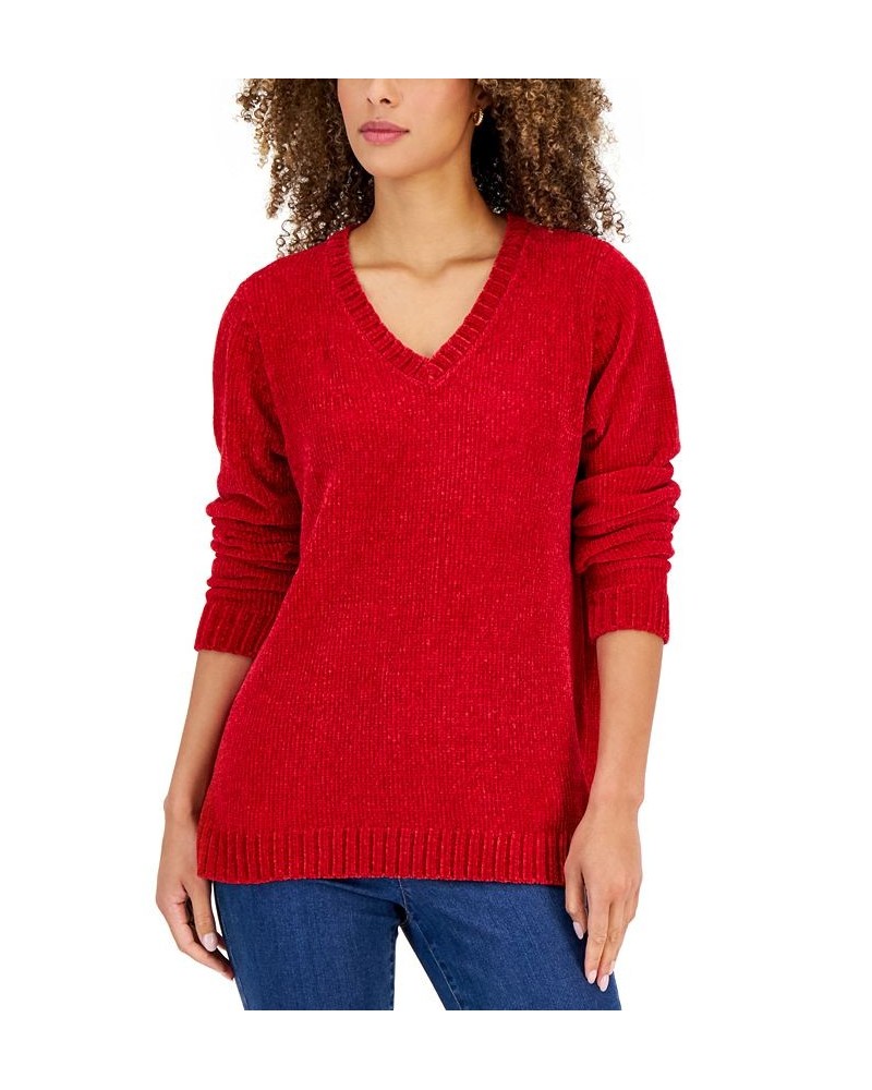 Women's V-Neck Chenille Sweater Haute Red $12.84 Sweaters