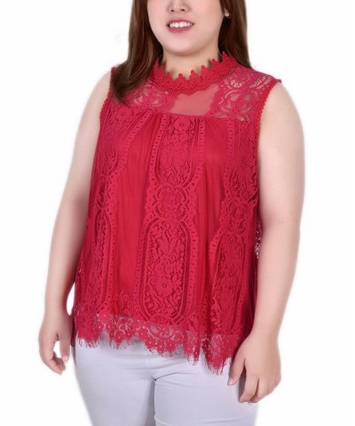 Plus Size Sleeveless Mock Neck Lace Top Red $14.08 Tops