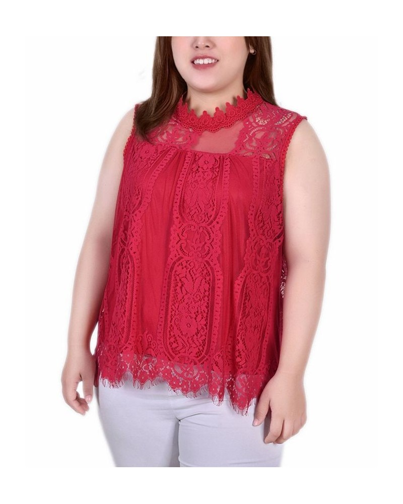 Plus Size Sleeveless Mock Neck Lace Top Red $14.08 Tops