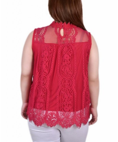 Plus Size Sleeveless Mock Neck Lace Top Red $14.08 Tops