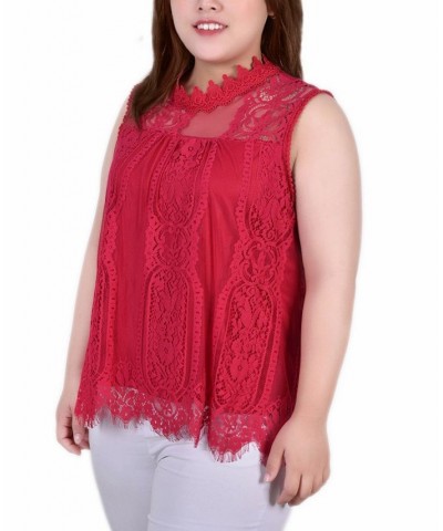 Plus Size Sleeveless Mock Neck Lace Top Red $14.08 Tops