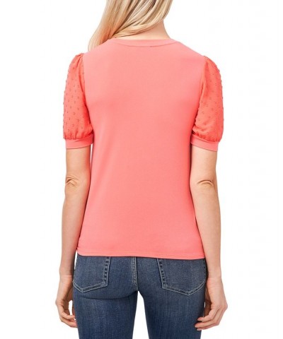 Women's Short Puff-Sleeve Mixed Media Knit Top Cameo Coral $16.26 Tops