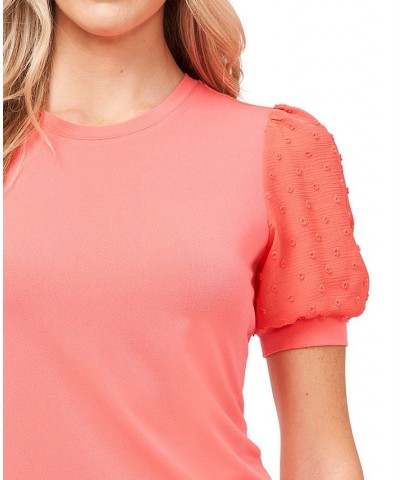 Women's Short Puff-Sleeve Mixed Media Knit Top Cameo Coral $16.26 Tops