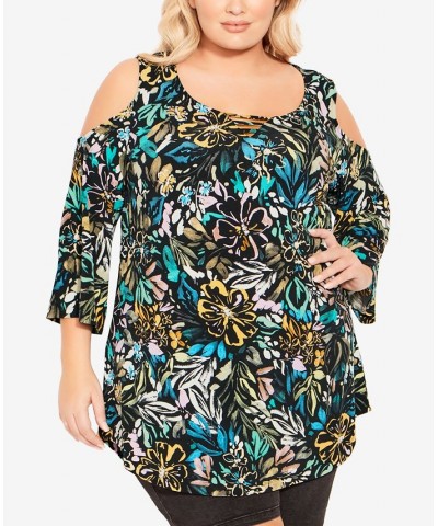 Plus Size Cold Shoulder 3 Bar Print Top Painted Floral $30.24 Tops