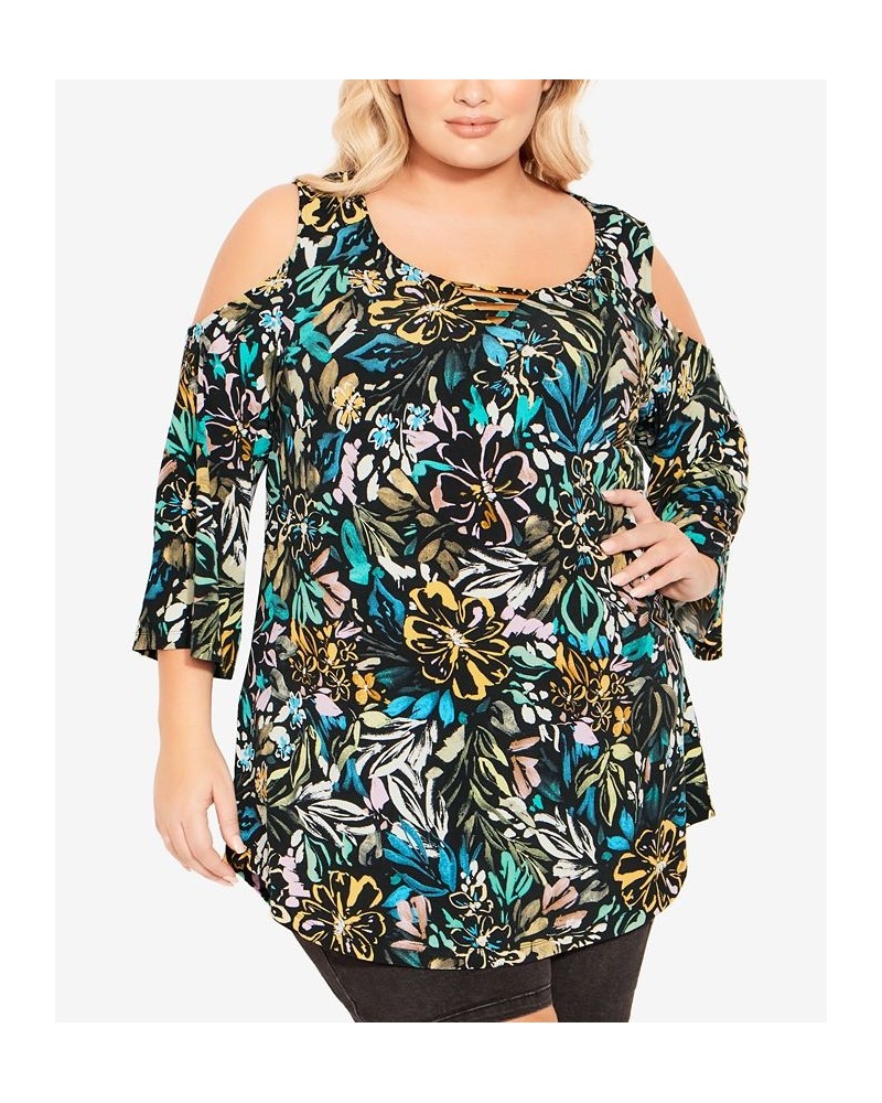 Plus Size Cold Shoulder 3 Bar Print Top Painted Floral $30.24 Tops