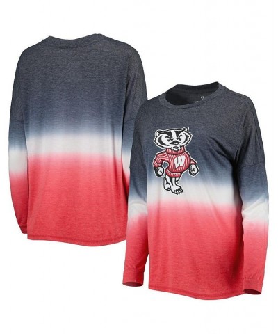 Women's Wisconsin Badgers Winkle Dip-Dye Long Sleeve T-shirt Heathered Black, Heathered Red $31.34 Tops