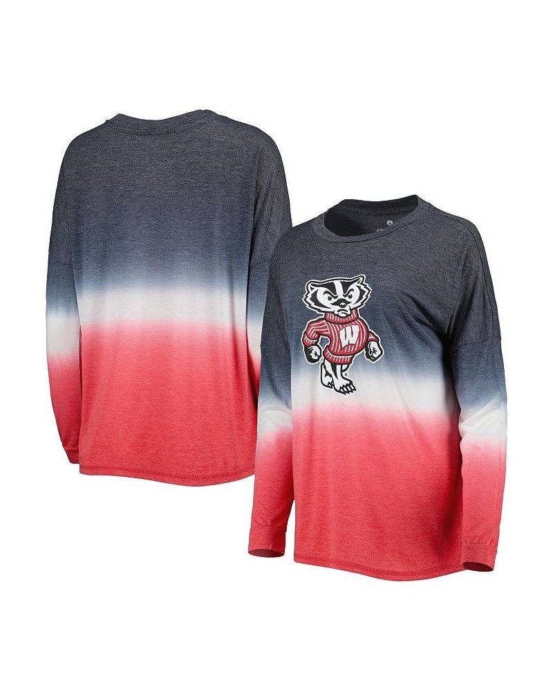 Women's Wisconsin Badgers Winkle Dip-Dye Long Sleeve T-shirt Heathered Black, Heathered Red $31.34 Tops