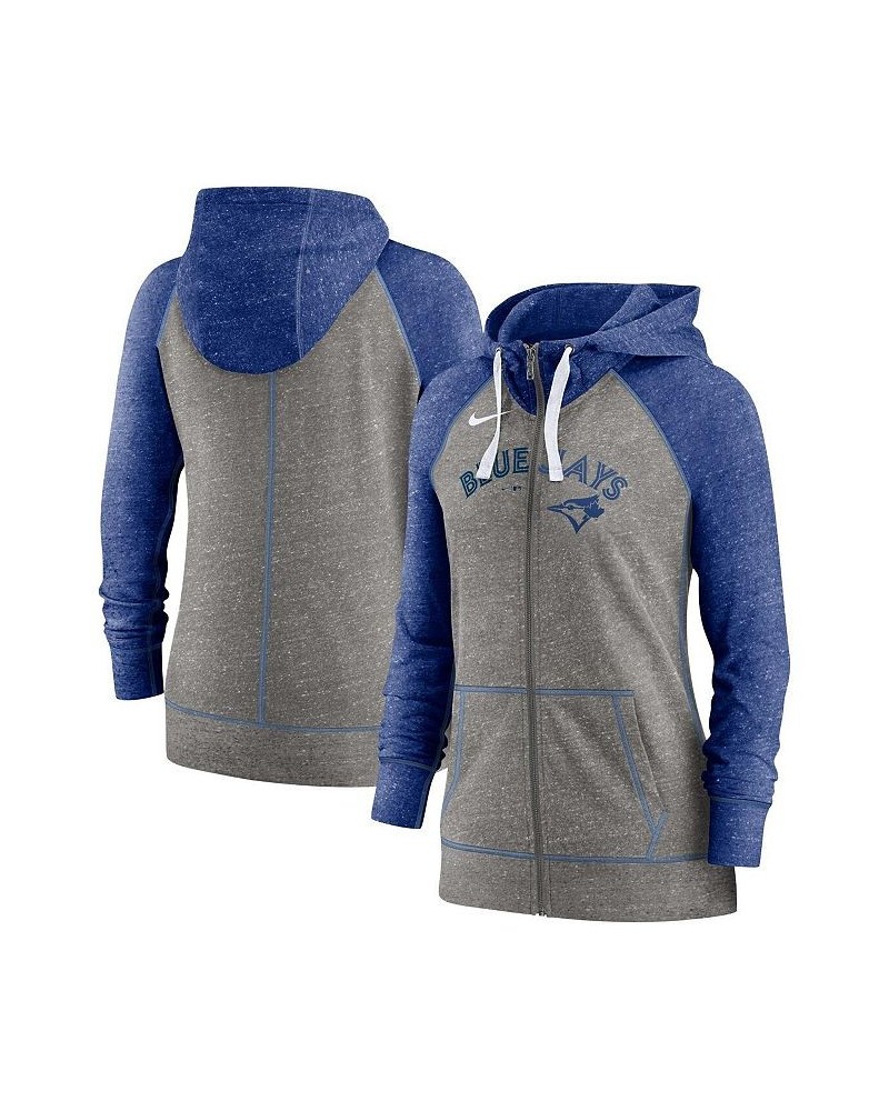 Womens Heathered Charcoal and Heathered Royal Toronto Blue Jays Split Wordmark Gym Vintage-Like Raglan Slub Full-Zip Hoodie $...