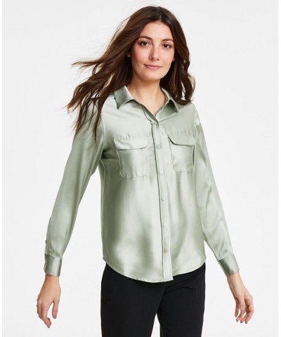 Women's Satin Collared Utility Blouse Green $22.82 Tops