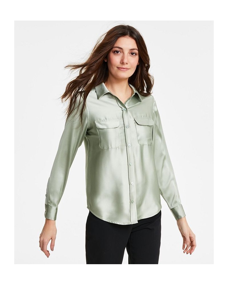 Women's Satin Collared Utility Blouse Green $22.82 Tops