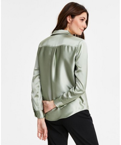 Women's Satin Collared Utility Blouse Green $22.82 Tops