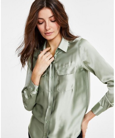 Women's Satin Collared Utility Blouse Green $22.82 Tops