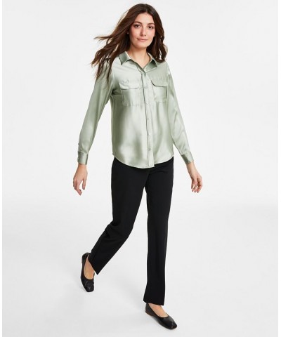 Women's Satin Collared Utility Blouse Green $22.82 Tops