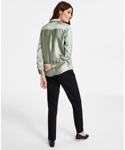 Women's Satin Collared Utility Blouse Green $22.82 Tops