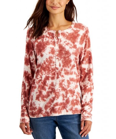 Petite Cotton Tie-Dyed Henley Long-Sleeve Top Pink Waterdye $12.16 Tops