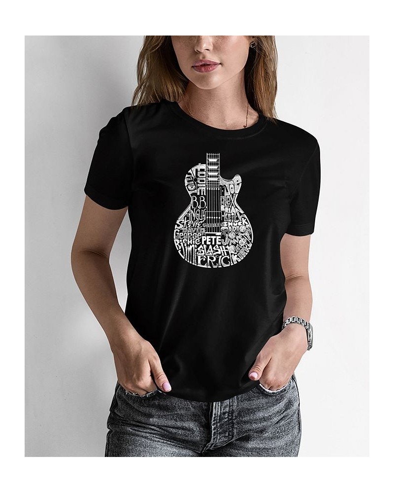 Women's Word Art Rock Guitar Head T-Shirt Black $20.99 Tops