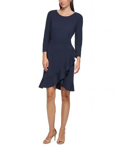 Women's Scoop-Neck Ruffle-Trim 3/4-Sleeve Dress Blue $40.33 Dresses