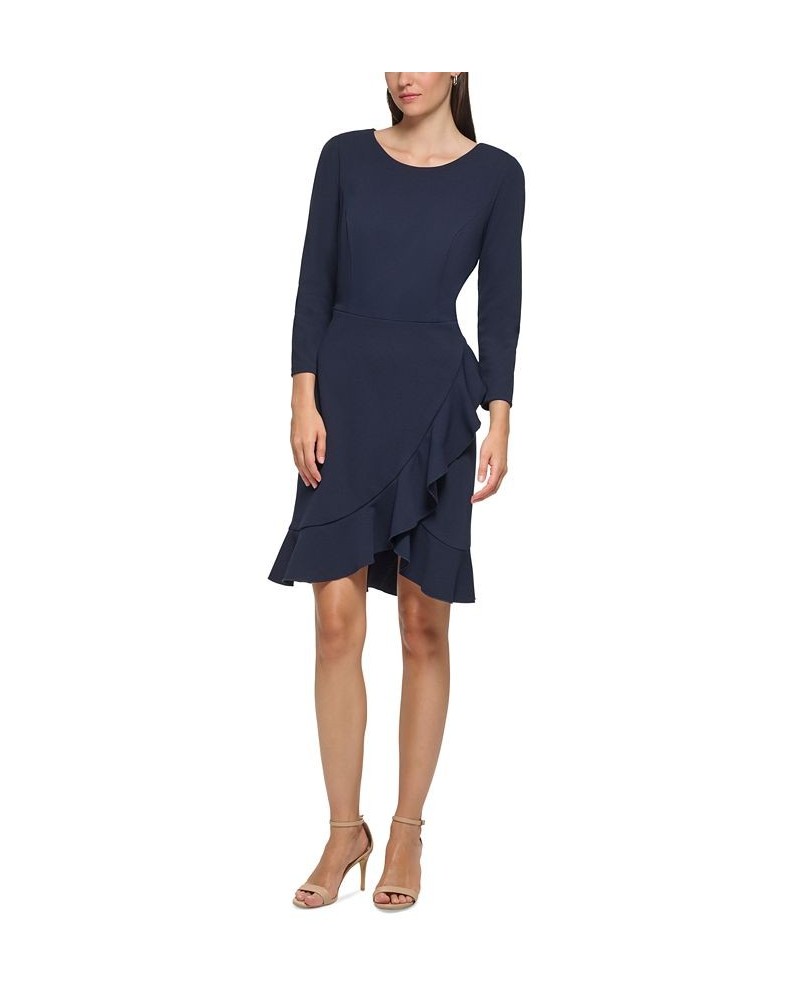 Women's Scoop-Neck Ruffle-Trim 3/4-Sleeve Dress Blue $40.33 Dresses