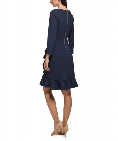 Women's Scoop-Neck Ruffle-Trim 3/4-Sleeve Dress Blue $40.33 Dresses