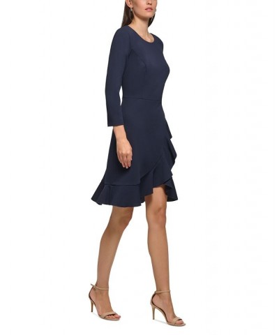 Women's Scoop-Neck Ruffle-Trim 3/4-Sleeve Dress Blue $40.33 Dresses