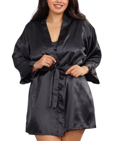 Plus Size Satin Robe & Chemise 2pc Lingerie Set Black $25.48 Lingerie