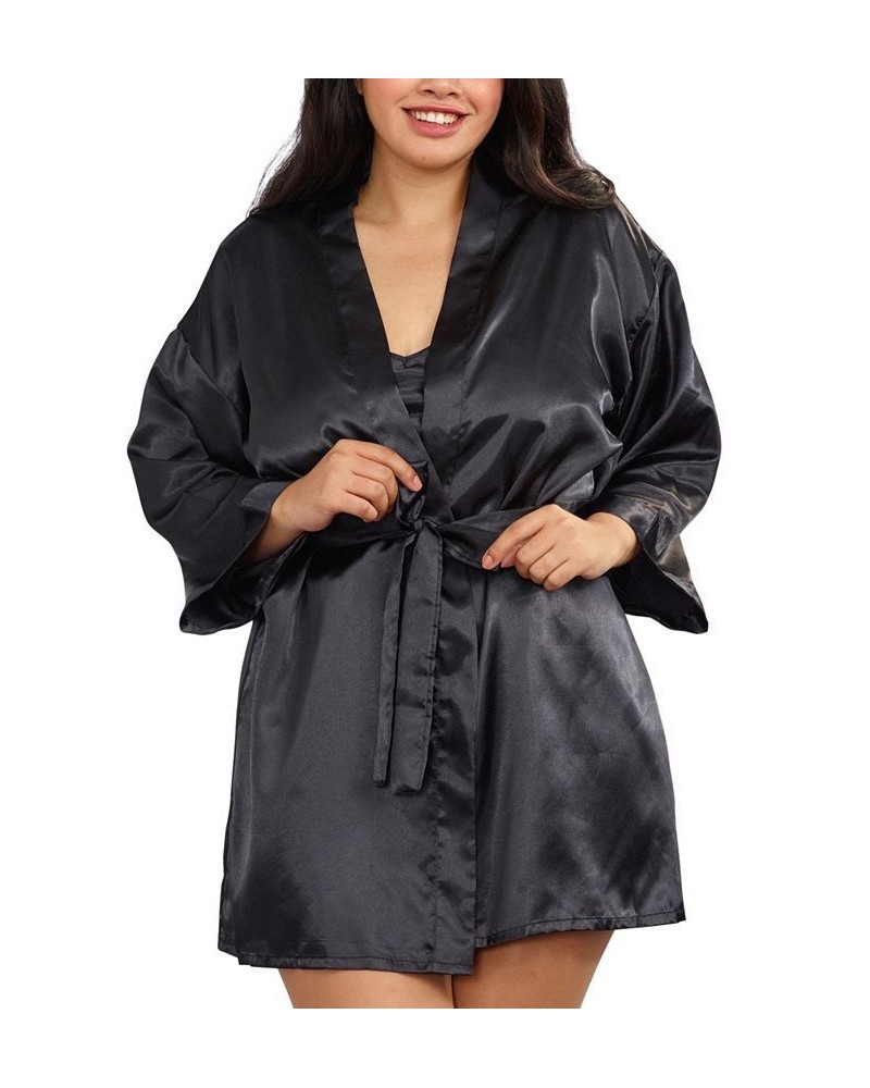 Plus Size Satin Robe & Chemise 2pc Lingerie Set Black $25.48 Lingerie