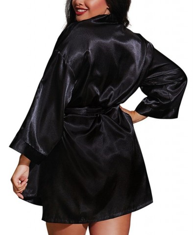 Plus Size Satin Robe & Chemise 2pc Lingerie Set Black $25.48 Lingerie