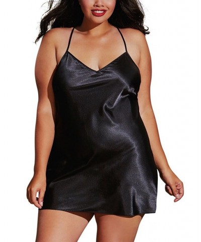 Plus Size Satin Robe & Chemise 2pc Lingerie Set Black $25.48 Lingerie