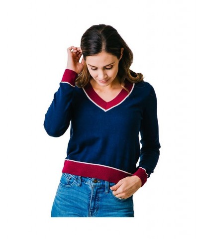 Womens' Long Sleeve Fine Gauge V-Neck Sweater Navy With Berry $28.47 Sweaters