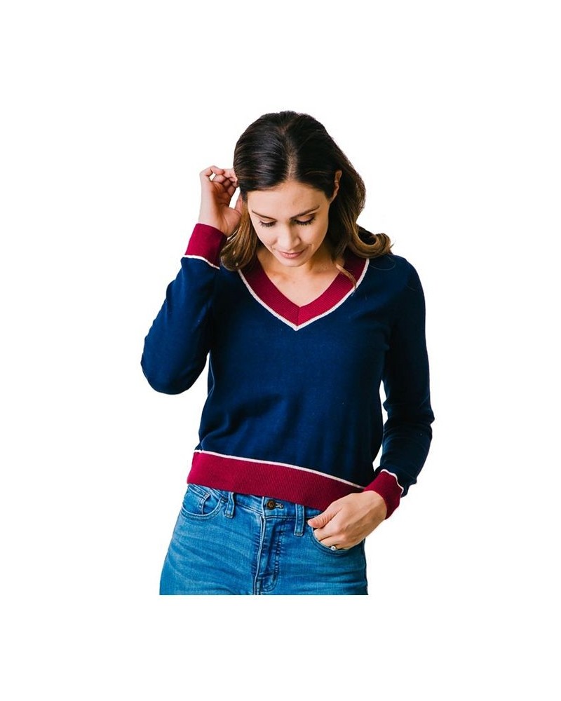 Womens' Long Sleeve Fine Gauge V-Neck Sweater Navy With Berry $28.47 Sweaters