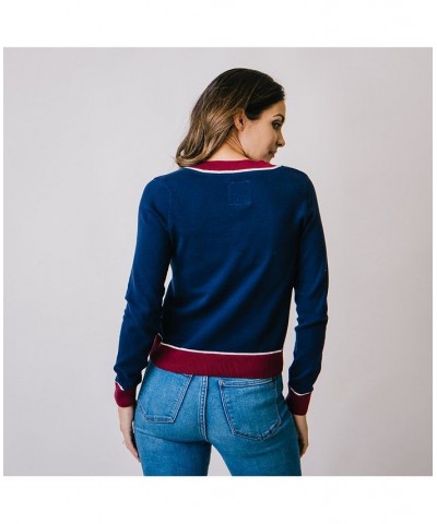 Womens' Long Sleeve Fine Gauge V-Neck Sweater Navy With Berry $28.47 Sweaters