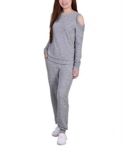 Women's Long Sleeve Cold Shoulder Jogger Set Gray $20.68 Outfits