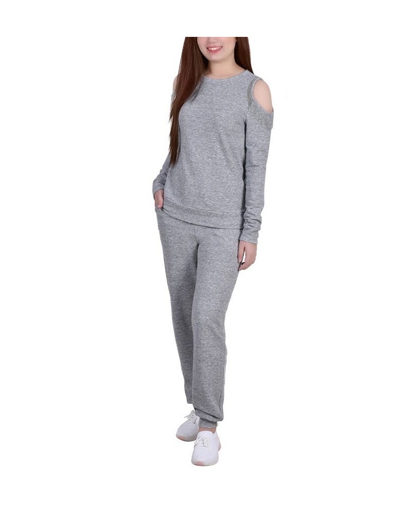 Women's Long Sleeve Cold Shoulder Jogger Set Gray $20.68 Outfits