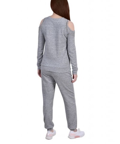 Women's Long Sleeve Cold Shoulder Jogger Set Gray $20.68 Outfits