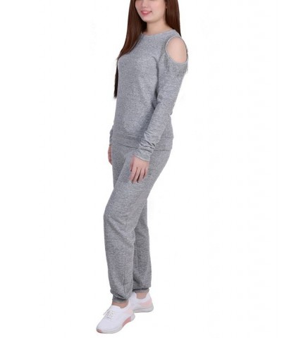 Women's Long Sleeve Cold Shoulder Jogger Set Gray $20.68 Outfits