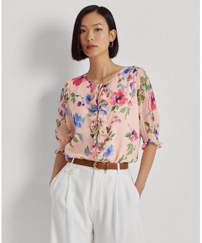 Petite Puffed Sleeve Floral Top Pink Multi $62.10 Tops