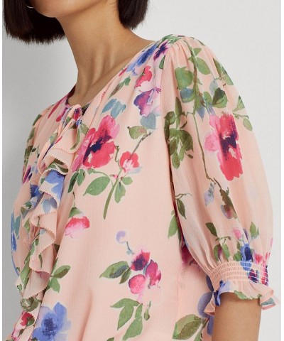 Petite Puffed Sleeve Floral Top Pink Multi $62.10 Tops