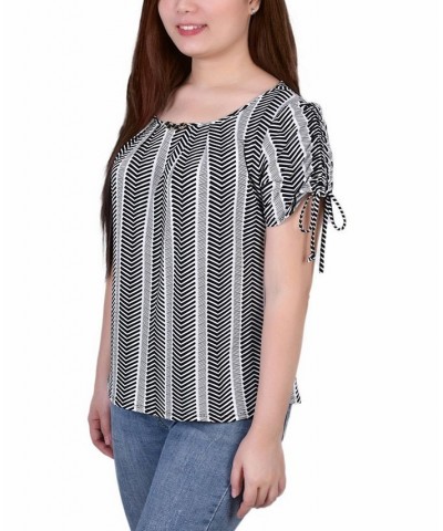 Petite Size Short Ruched Sleeve Top with Pleats Wall Paper Prt $18.60 Tops