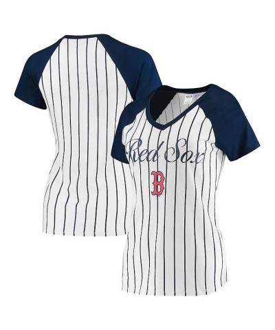 Women's White and Navy Boston Red Sox Vigor Pinstripe Raglan V-Neck T-shirt White $21.19 Tops