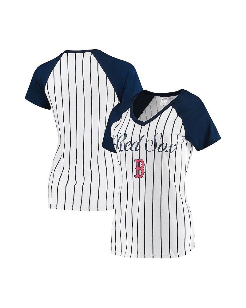 Women's White and Navy Boston Red Sox Vigor Pinstripe Raglan V-Neck T-shirt White $21.19 Tops